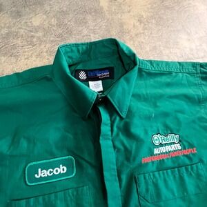 UniFirst Work Shirt Mens Large Green O'Reilly Auto Parts Jacob Patch Mechanic